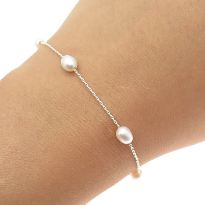 925 Sterling Silver Italy Real Pearl By The Yard Link Anklet / Bracelet 9.25"