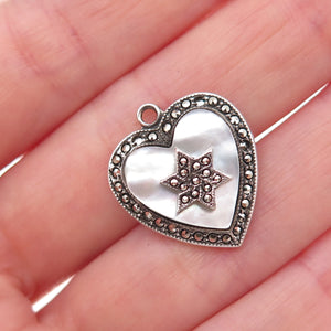 925 Sterling Antique Art Deco Real MOP & Marcasite Star of David Heart Pendant