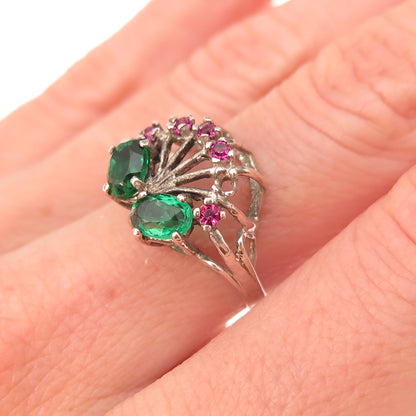 925 Sterling Vintage Green & Pink Rhinestone Ring Size 6.5 (missing 1 stone)