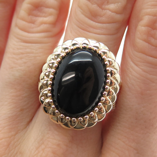 HN HENG NGAI Sterling Silver Gold Plated Vintage Real Black Onyx Ring Size 9.25