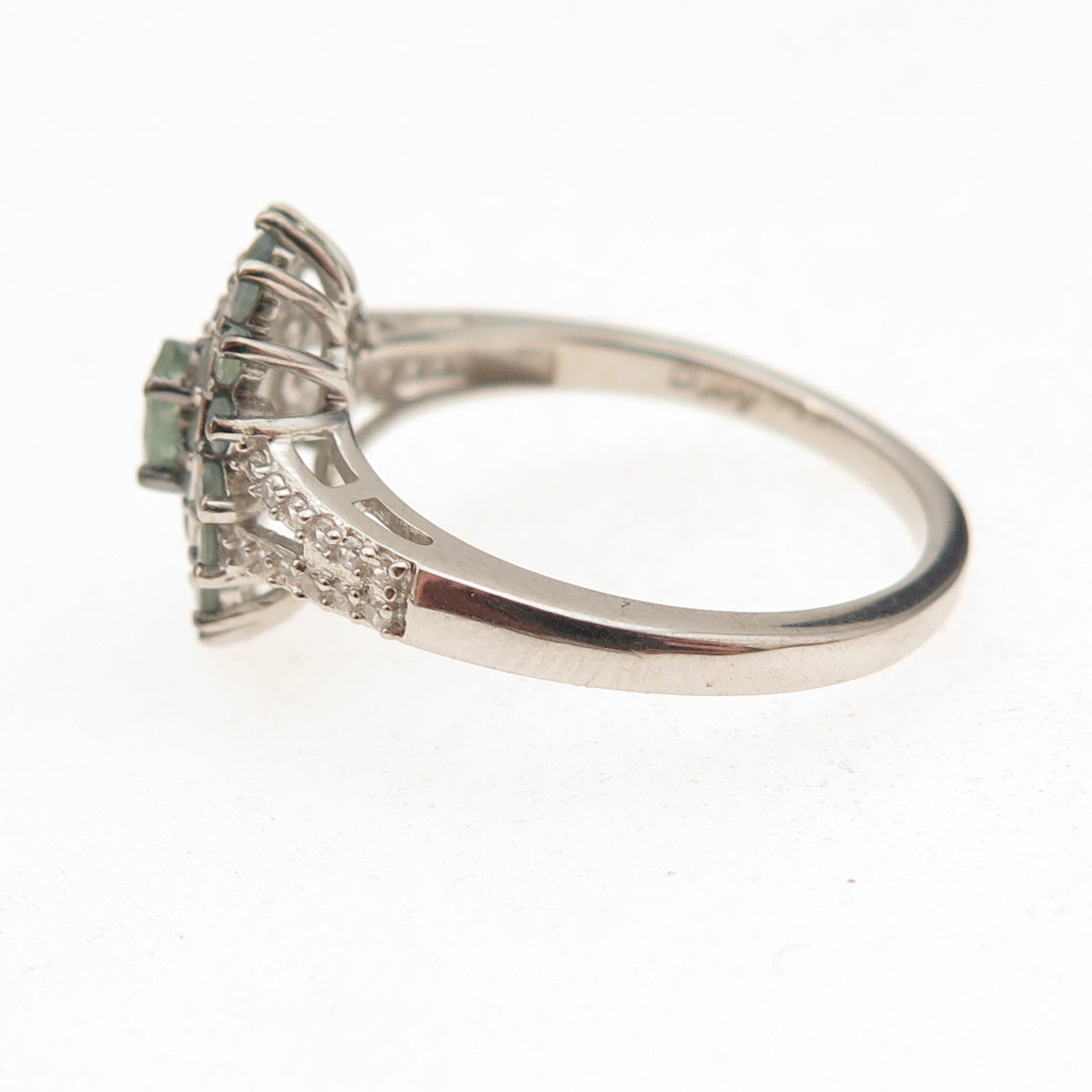 D'Joy 925 Sterling Silver Real Green Sapphire & White Topaz Floral Ring Size 8