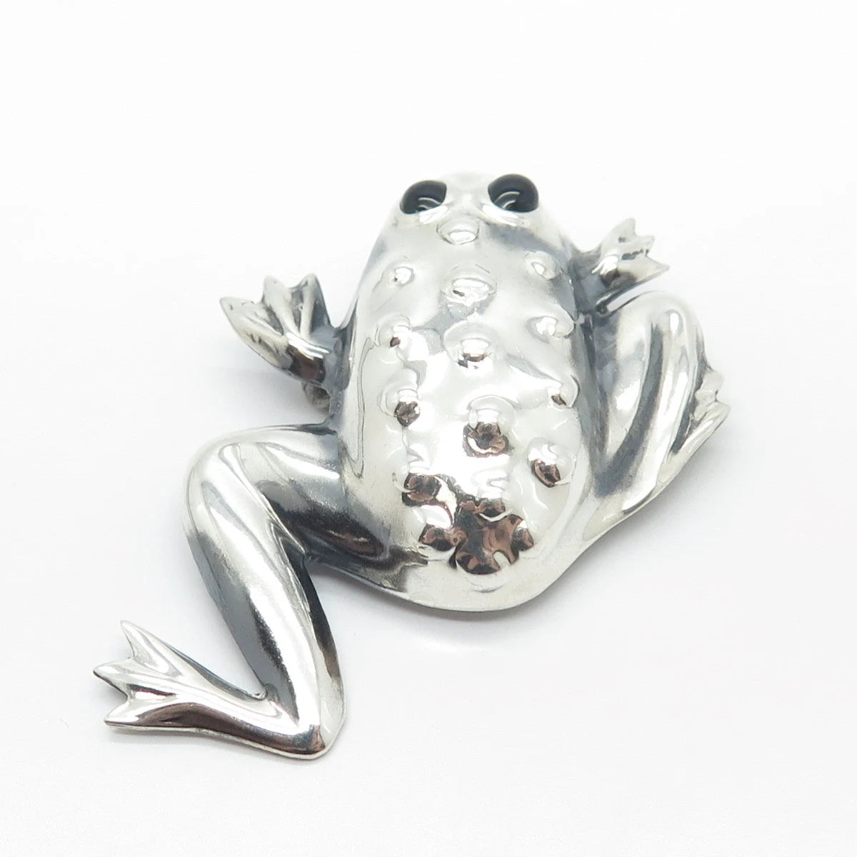 925 Sterling Silver Vintage Mexico Black Onyx Gem Frog For Good Luck Pin Brooch