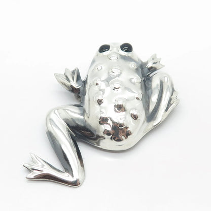 925 Sterling Silver Vintage Mexico Black Onyx Gem Frog For Good Luck Pin Brooch