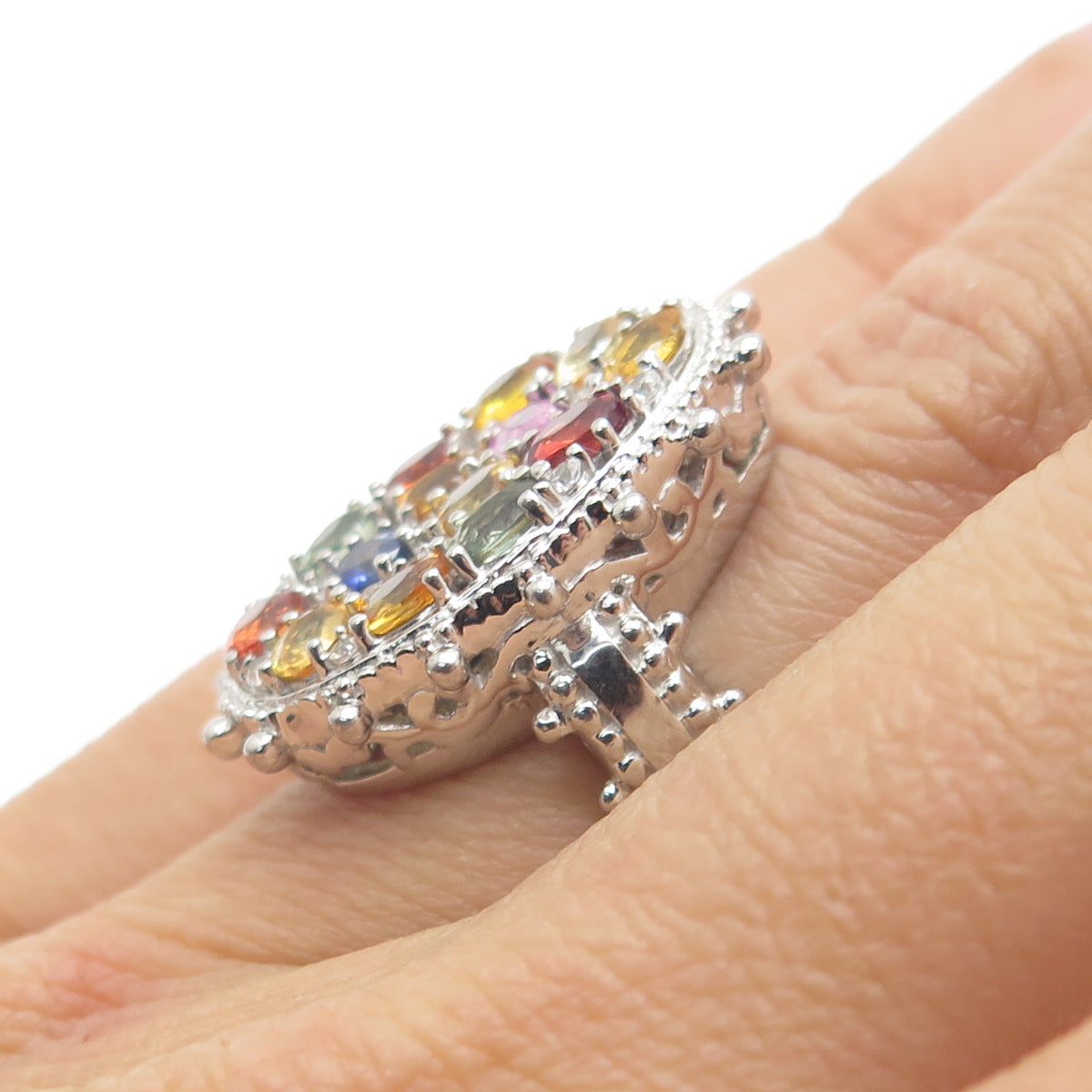 925 Sterling Silver Real Multi-Color Sapphire Cluster Ring Size 5.25