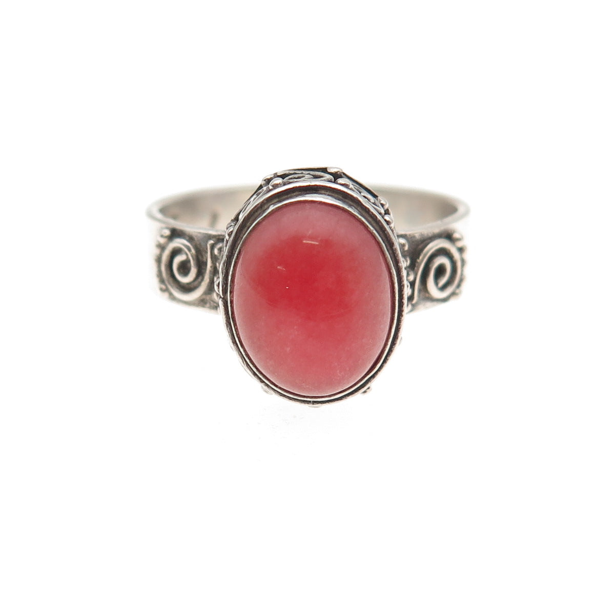 925 Sterling Silver Vintage Real Cherry Quartz Spiral Oxidized Ring Size 7.5