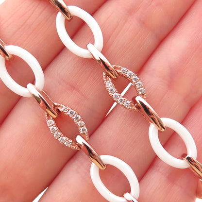 925 Sterling Silver & Ceramic Rose Gold Plated C Z Oval Chain Necklace 16"