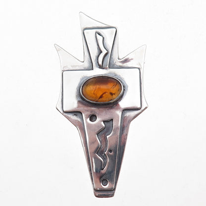 925 Sterling Silver Vintage Real Amber Modernist Cross Pin Brooch / Pendant