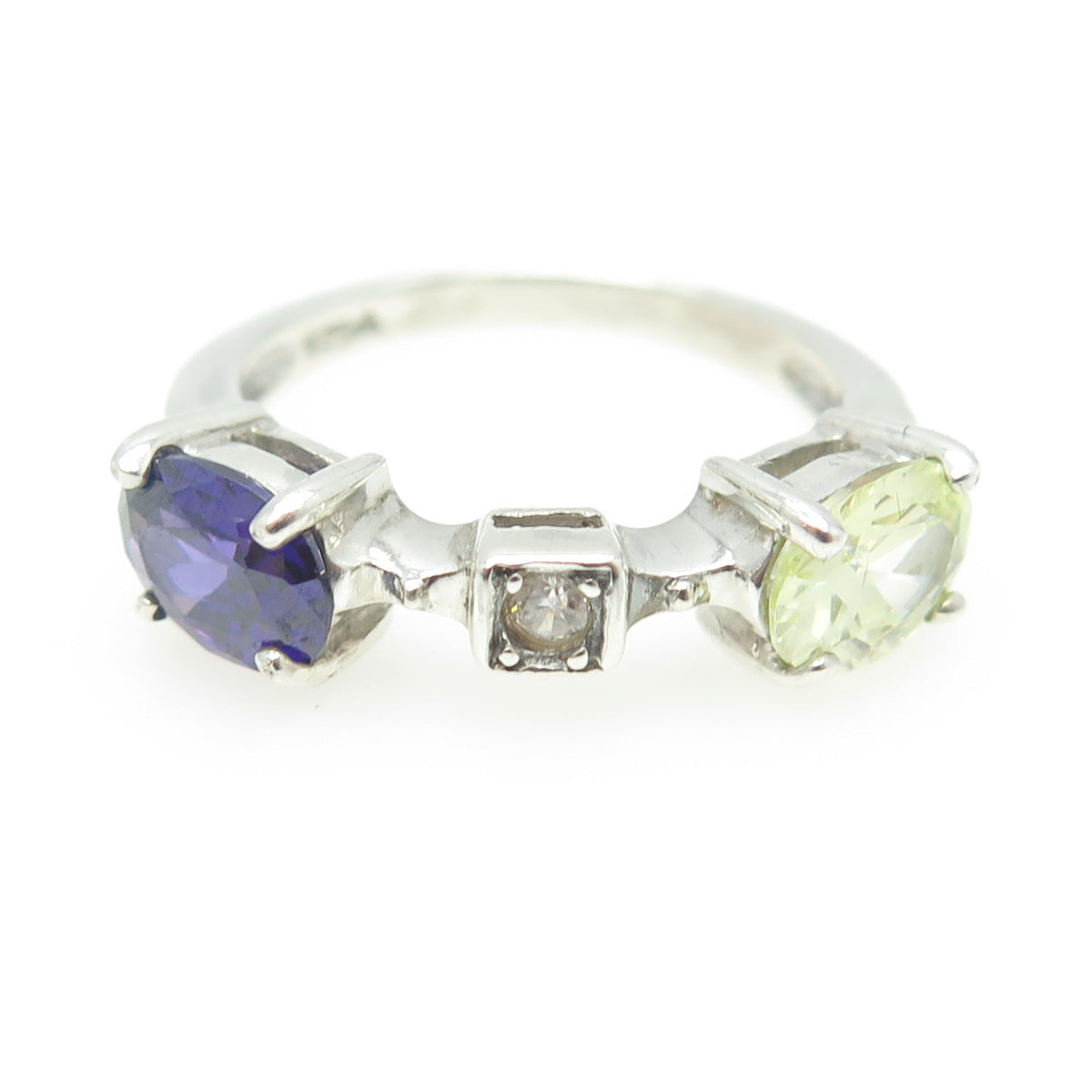 925 Sterling Silver Real Amethyst Peridot & Round-Cut C Z Ring Size 8