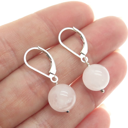 925 Sterling Silver Real Rose Quartz Ball Dangle Earrings