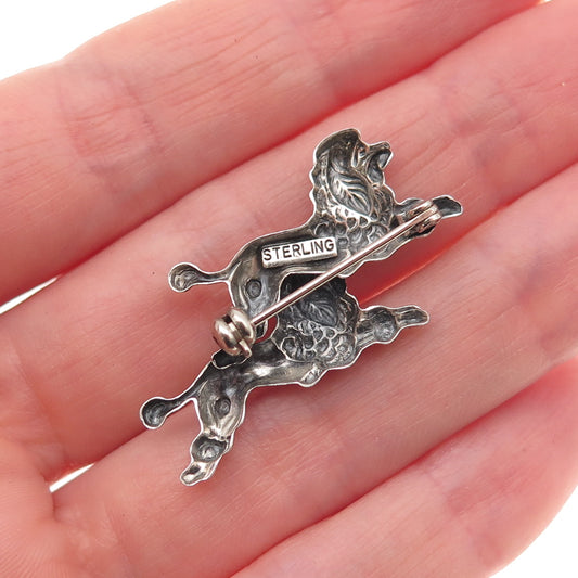 925 Sterling Antique Art Deco Poodle Dog Couple Repousse Oxidized Pin Brooch