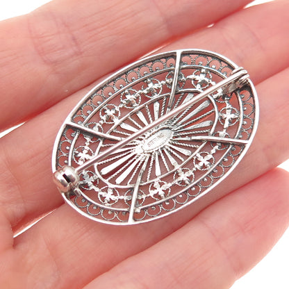 925 Sterling Silver Vintage Floral Filigree Oxidized Pin Brooch