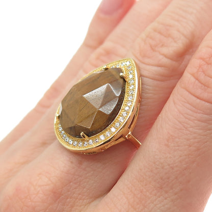 925 Sterling Silver Gold Plated Real Tiger Eye & C Z Teardrop Ring Size 6.5