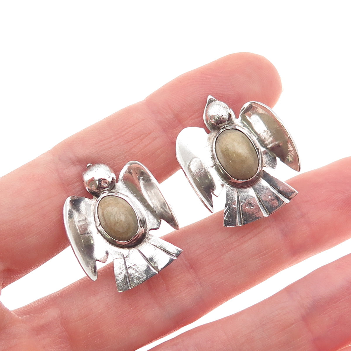 925 Sterling Silver Vintage Mexico Real Jasper Holy Spirit Screw Back Earrings