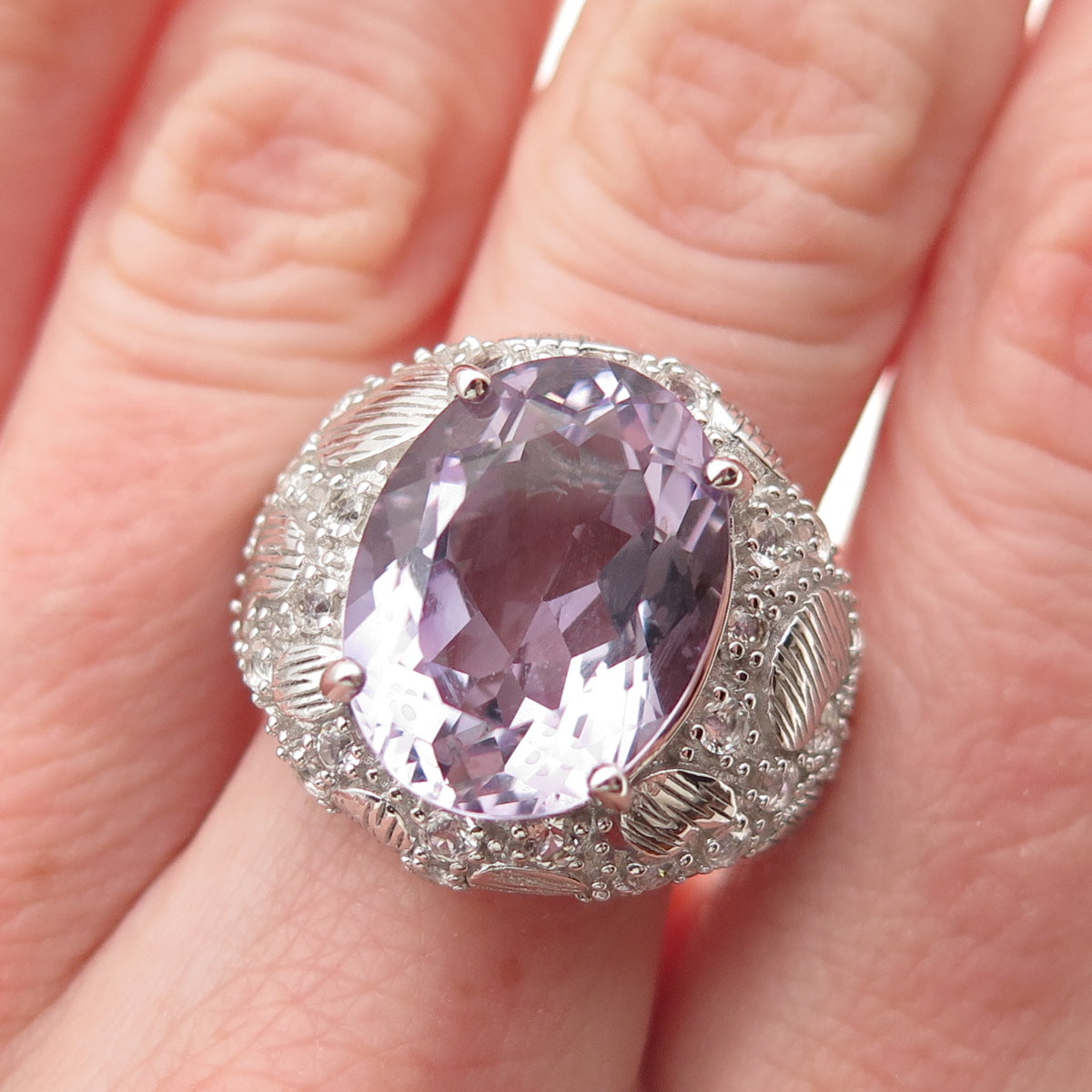 DSMK 925 Sterling Silver Real Amethyst & White Topaz Statement Ring Size 7