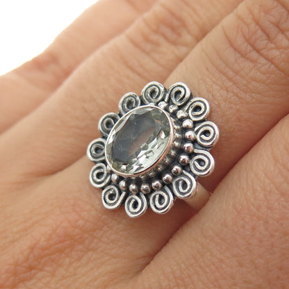 925 Sterling Silver Vintage Real Green Amethyst Swirl Beaded Ring Size 8.25