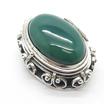 925 Sterling Silver Antique Mexico Real Green Onyx Gem Oval Locket Pin Brooch