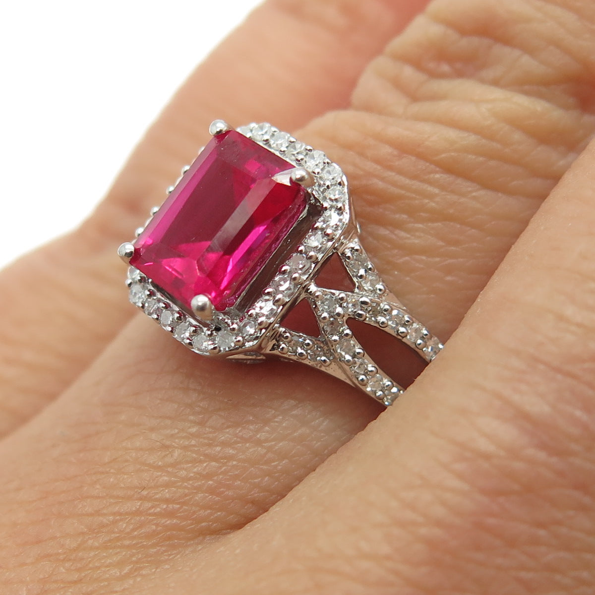 SAI 925 Sterling Silver Real Diamond & Lab-Created Ruby Ring Size 6.75