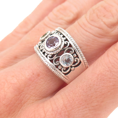Pranda 925 Sterling Silver Vintage Real Amethyst Blue Topaz Peridot Ring Size 9