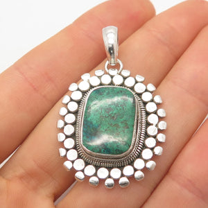 925 Sterling Silver Vintage Real Chrysocolla Gem Dotted Pendant
