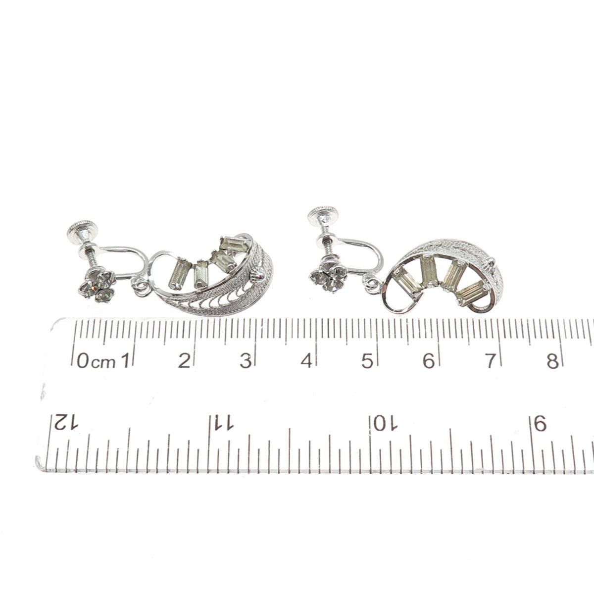 LORAN SIM CO. Sterling Antique Art Deco Rhinestone Filigree Screw Back Earrings