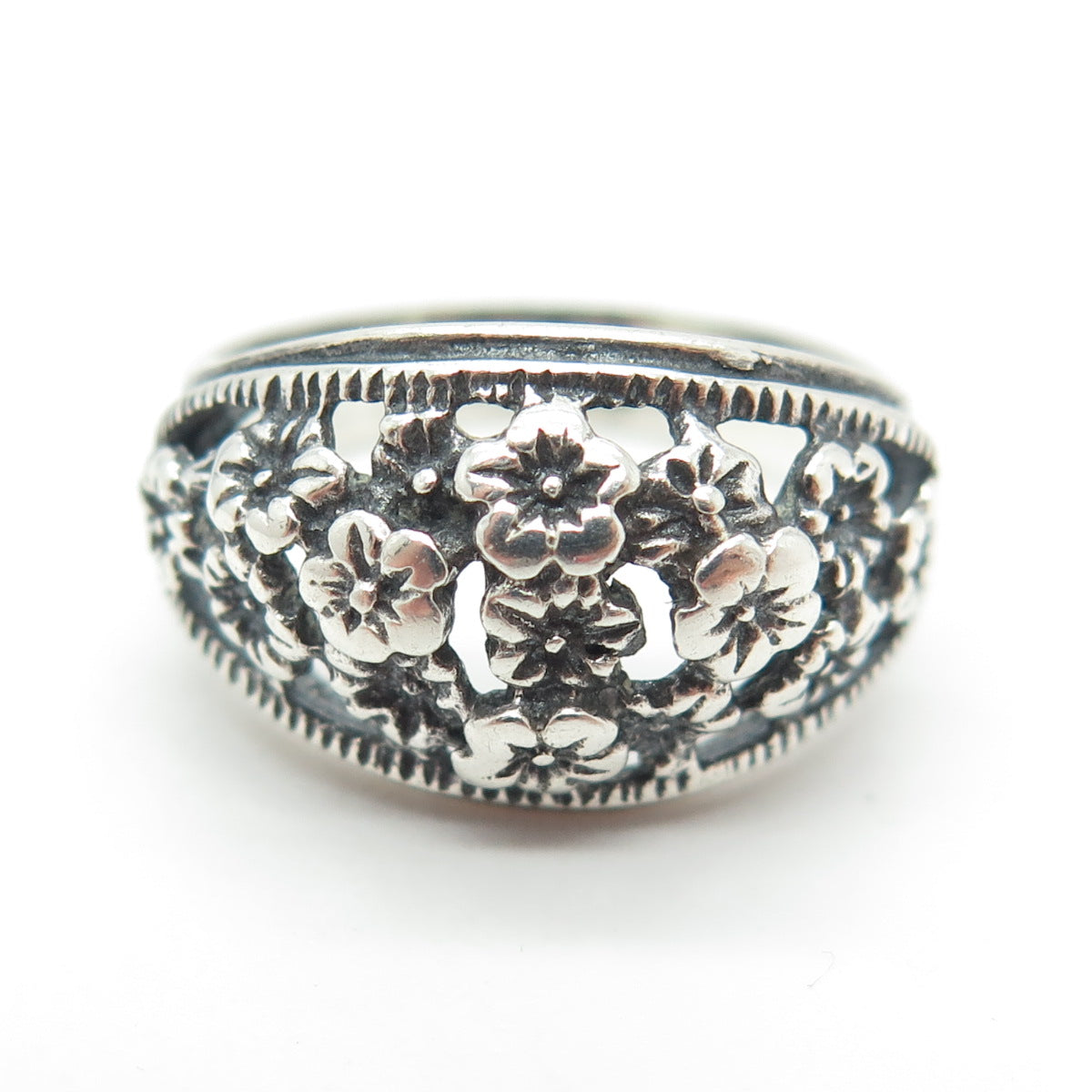 875 Silver Vintage European Flower Blossom Oxidized Ring Size 7.75