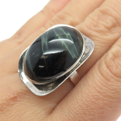 925 Sterling Silver Vintage Real Black Tiger Eye Gemstone Ring Size 8.75