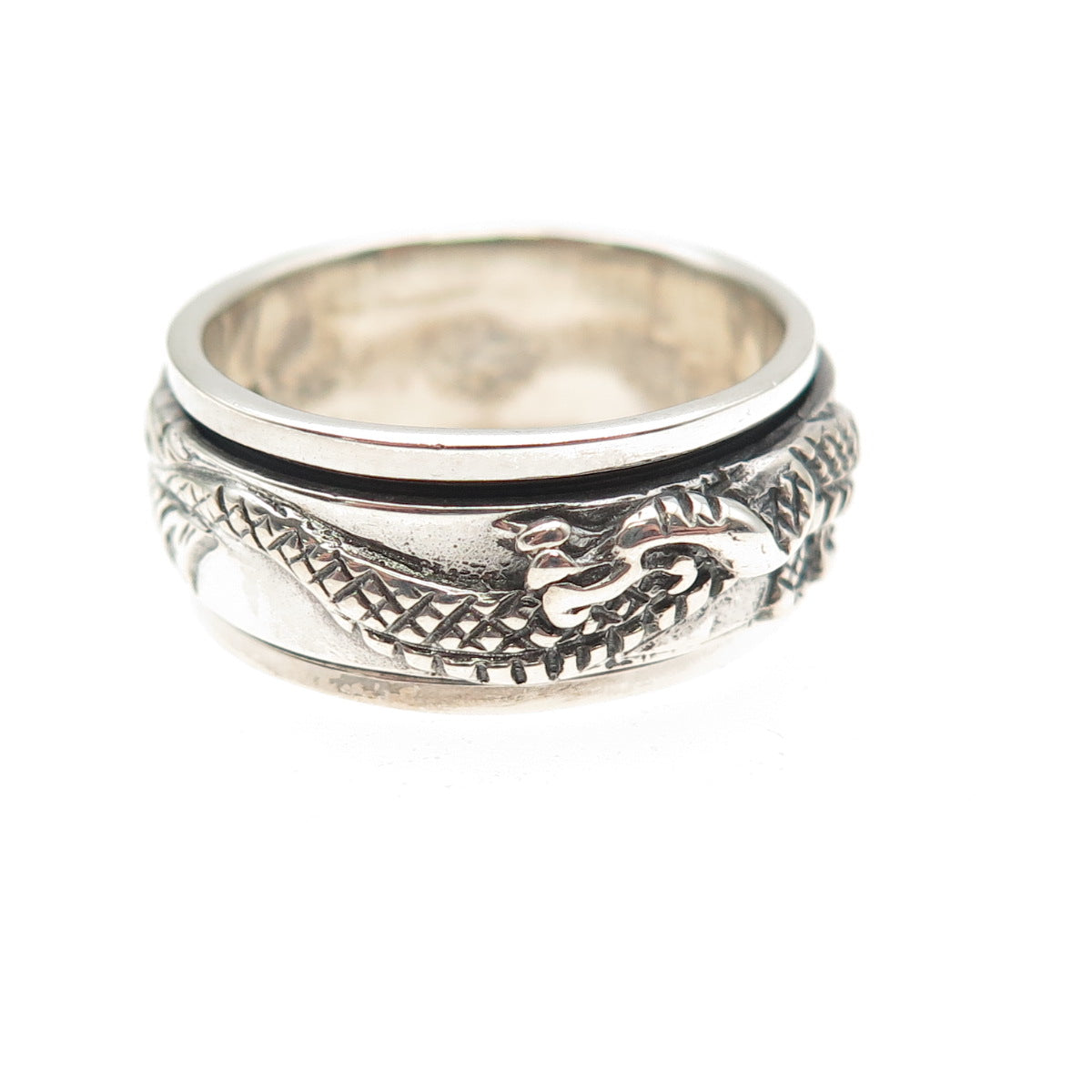 925 Sterling Silver Vintage Dragon Oxidized Rotating Band Ring Size 7.75