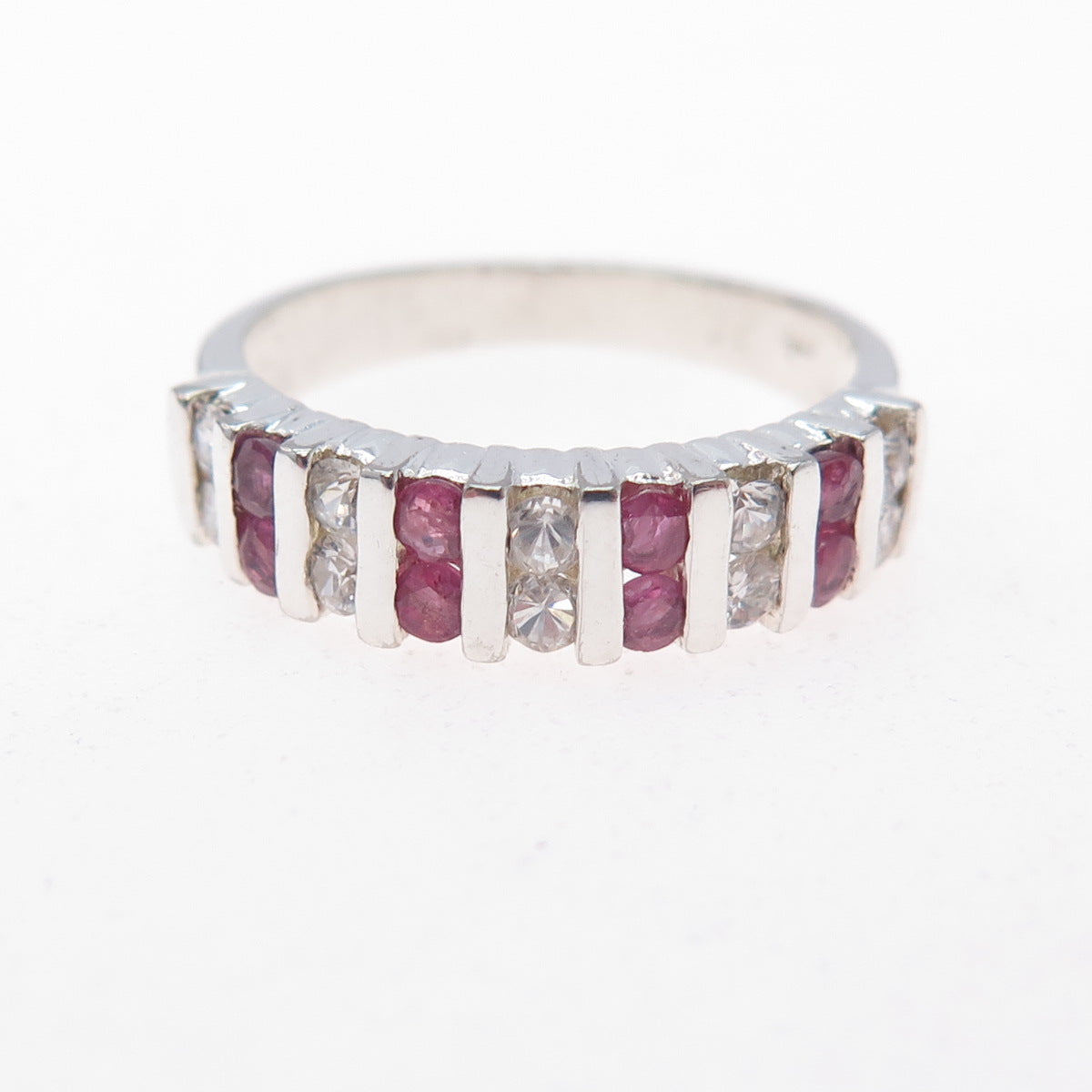 925 Sterling Silver Vintage Real Round-Cut Ruby & C Z Ring Size 5.75
