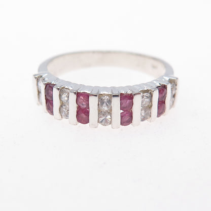 925 Sterling Silver Vintage Real Round-Cut Ruby & C Z Ring Size 5.75