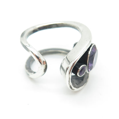 925 Sterling Silver Vintage Amethyst Modernist Oxidized Adjustable Ring Size 8