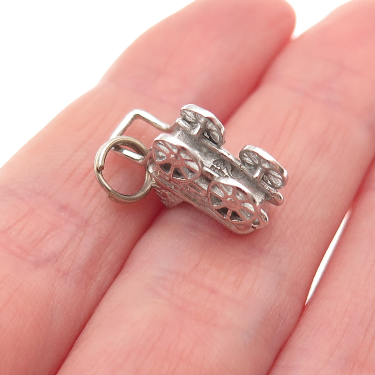 925 Sterling Silver Vintage Baby Stroller Oxidized 3D Mini Charm Pendant