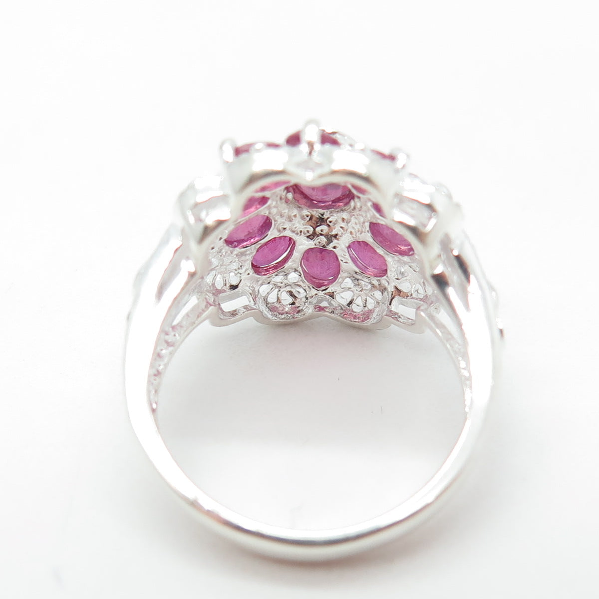 925 Sterling Silver Real Oval-Cut Ruby Flower Ring Size 6