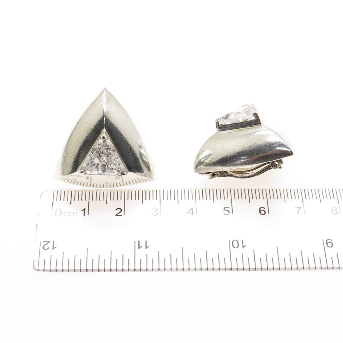 PB PAUL BRACKNA 925 Sterling Silver Vintage Triangle-Cut C Z Clip On Earrings