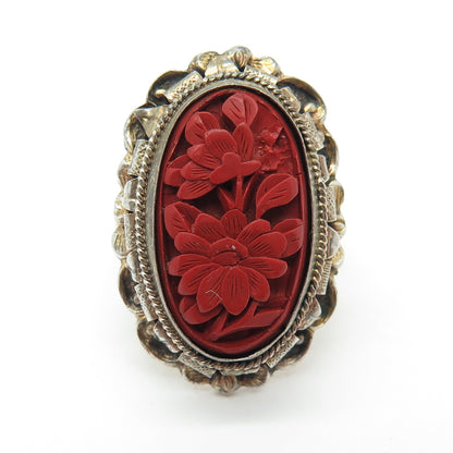 SUNC Sterling Gold Filled Antique China Carved Cinnabar Adjustable Ring Size 5