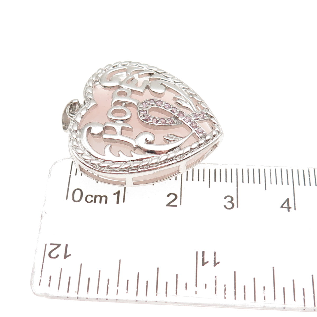 925 Sterling Real Rose Quartz & C Z Breast Cancer Awareness Hope Heart Pendant