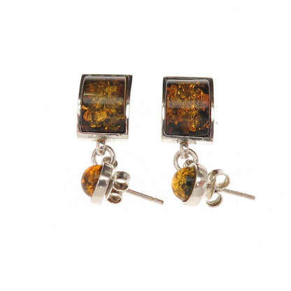 925 Sterling Silver Vintage Real Amber Modernist Dangle Earrings
