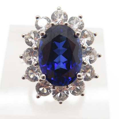 925 Sterling Silver Lab-Created Sapphire & Real White Topaz Ring Size 8.25