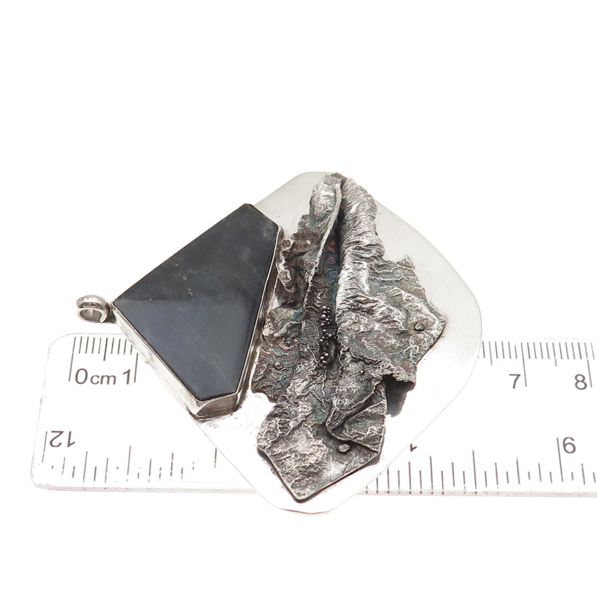 925 Sterling Silver Vintage Real Labradorite Modernist Large 31.0g Pendant
