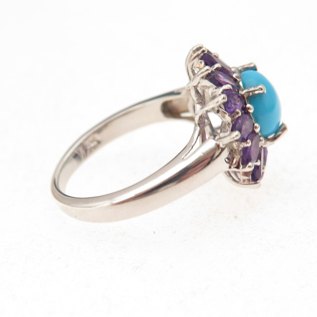 Chuck Clemency 925 Sterling Silver Real Turquoise & Amethyst Floral Ring Size 8