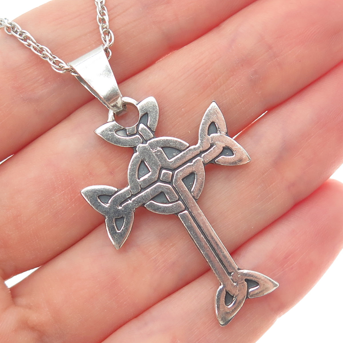 925 Sterling Silver Vintage Oxidized Celtic Cross Singapore Chain Necklace 20"
