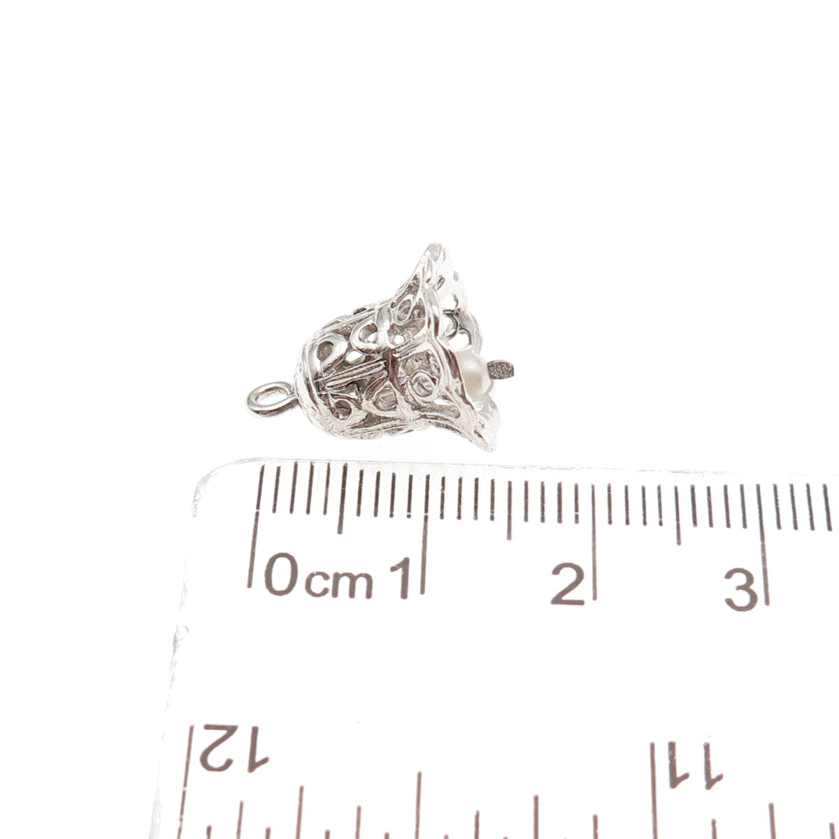 925 Sterling Silver Vintage Faux Pearl Ornate Bell 3D Mini Charm Pendant