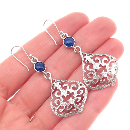 925 Sterling Silver Vintage Real Lapis Lazuli Ornate Dangle Earrings