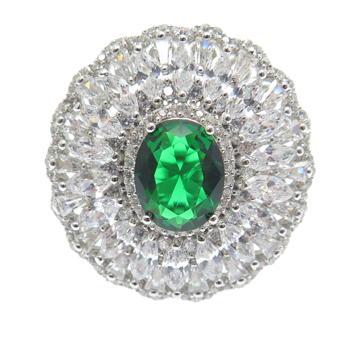 DSMK 925 Sterling Silver Chrome Diopside & Multi-Cut C Z Cluster Ring Size 7.25