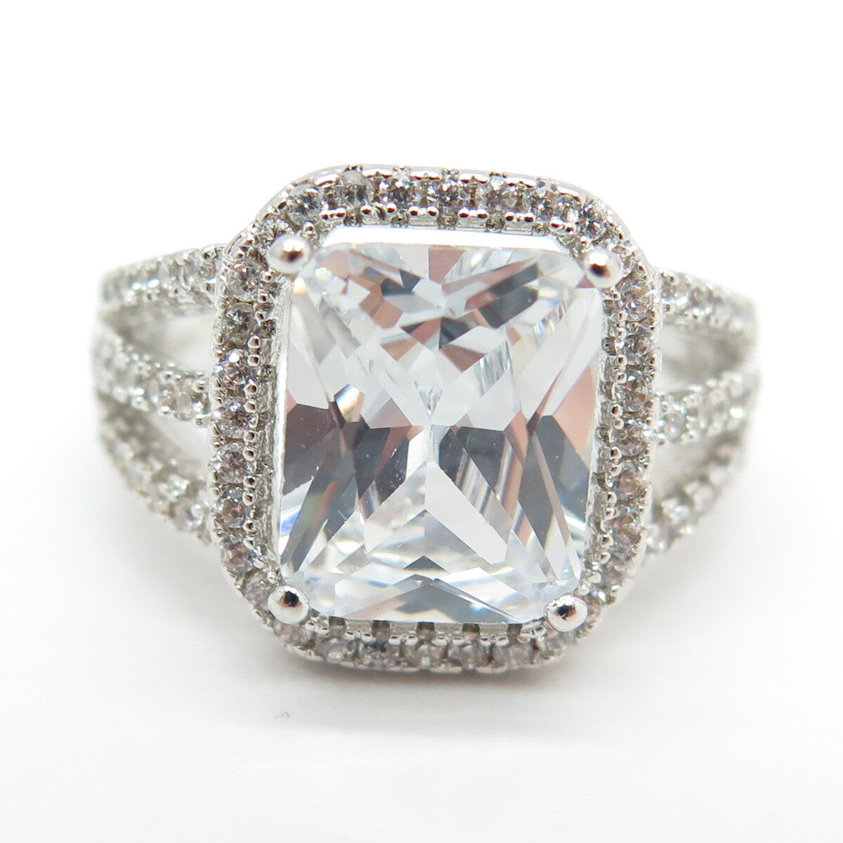 925 Sterling Silver Round & Radiant-Cut C Z Engagement Ring Size 5.5