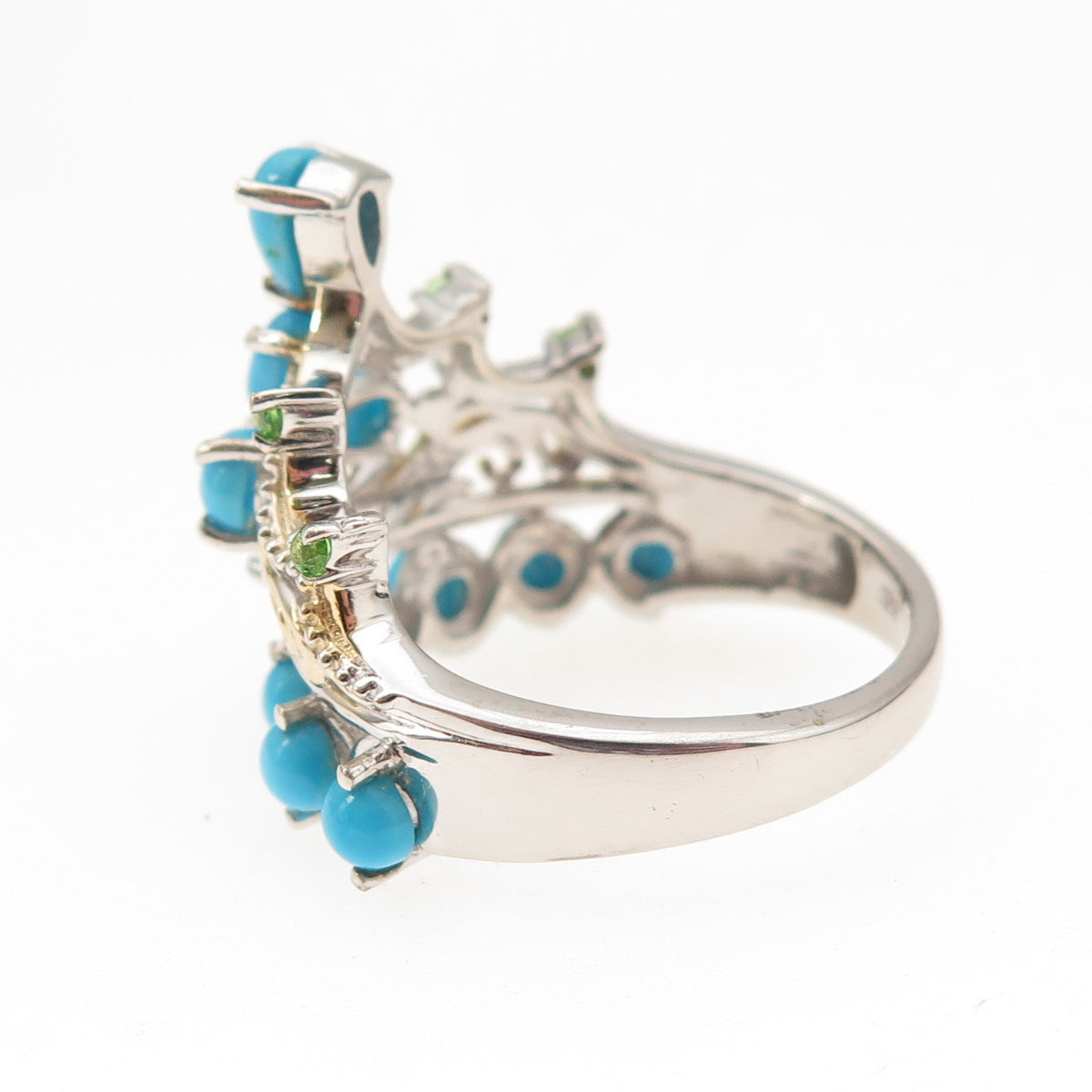 Chuck Clemency 925 Sterling 2-Tone Real Turquoise & Peridot Tiara Ring Size 8