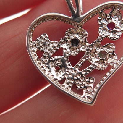 Nevada 925 Sterling Silver Real Ruby Sapphire & Emerald Mom Heart Charm Pendant