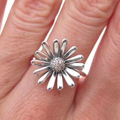 Pandora 925 Sterling Silver C Z Daisy Flower Ring Size 7