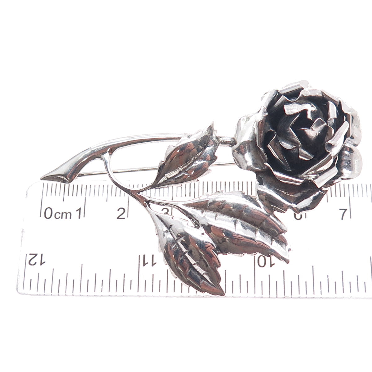 925 Sterling Silver Antique Art Deco Rose Flower Oxidized Pin Brooch