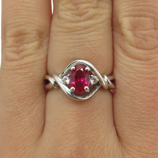 925 Sterling Silver Vintage White Topaz Gem & Lab-Created Ruby Ring Size 7.25