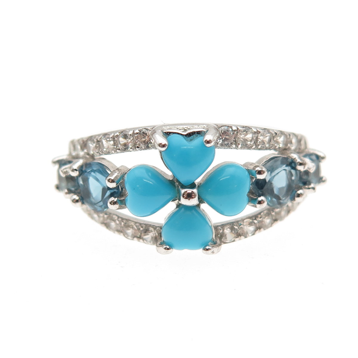 925 Sterling Silver Real Turquoise London Blue & White Topaz Ring Size 8.25